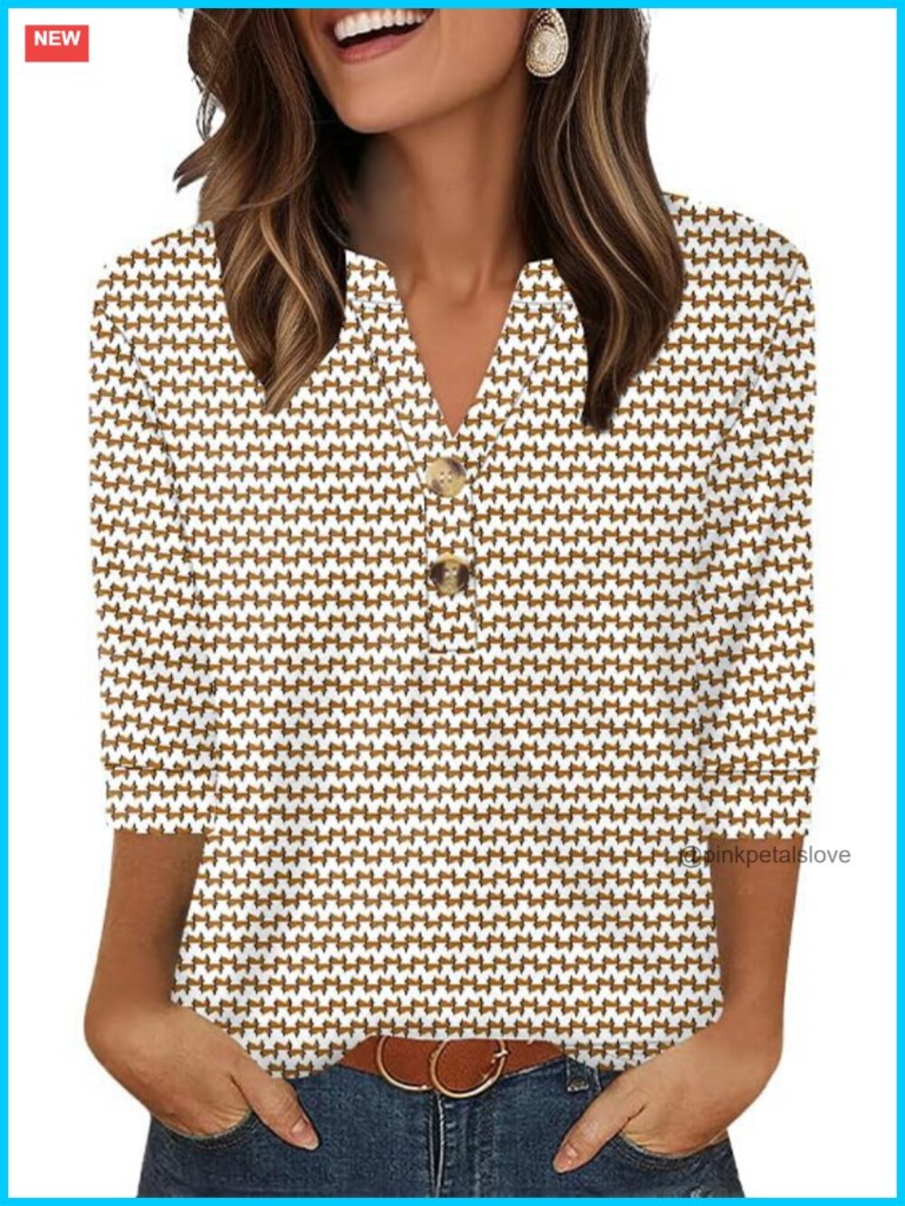 Womens 3/4 Sleeve Henley V-Neck Button T-Shirt Loose Fit Silky Top